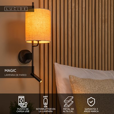 Lucide MAGIC - Lámpara de pared - 1xE27 - Con punto de carga USB - Negro